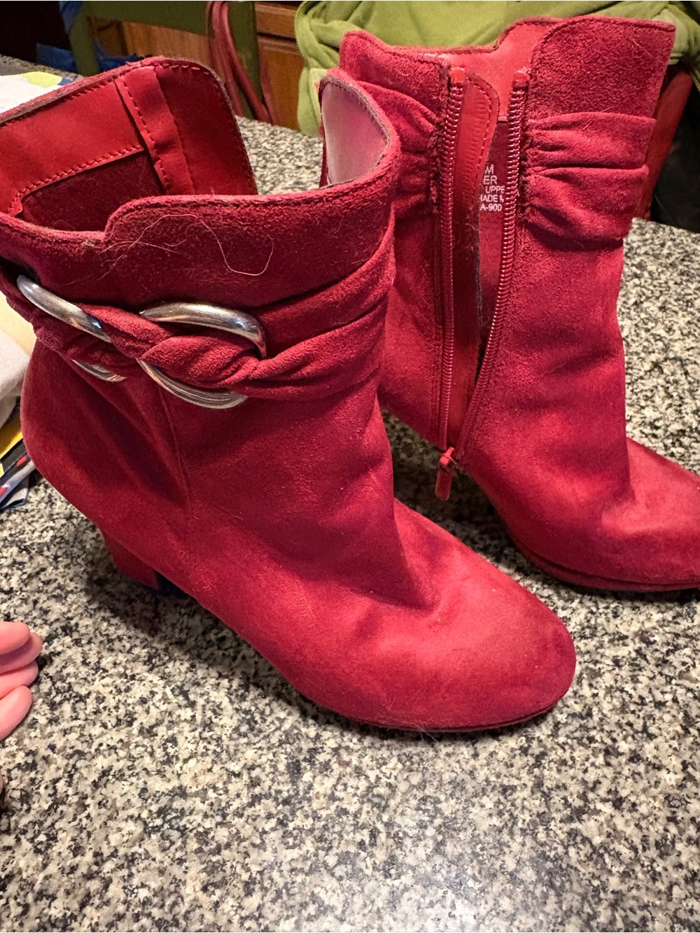 SHEIN Red Suede Mid-Heel Ankle Boots with Silver Buckle